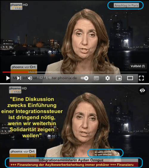 Der Vergleich von zwei Screenshots. Oben das Originalinterview mit Aydan Özoğuz, unten das Bild mit dem gefälschten Zitat. Einige Schriftzüge aus der originalen Sendung wurden entfernt.