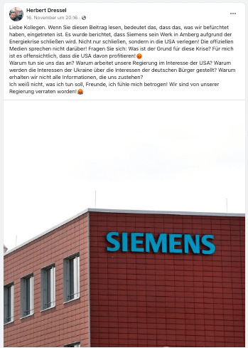 In diesem Facebook-Beitrag wird fälschlich behauptet, der Standort von Siemens in Amberg werde schließen