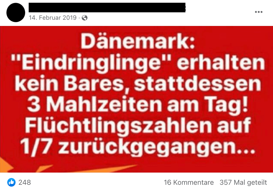 Die Behauptung über die stark zurückgegangene Zahl der Geflüchteten in Dänemark verbreitet sich seit Jahren auf Facebook. Hier ein Beispiel aus dem Jahr 2019.