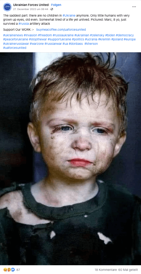 Auf Facebook verbreitete sich die Behauptung, dieses Foto zeige den 8-jährigen Marc, der einen russischen Angriff überlebt habe. Doch die Beschreibung ist falsch, das Foto wurde bereits 2013 veröffentlicht.