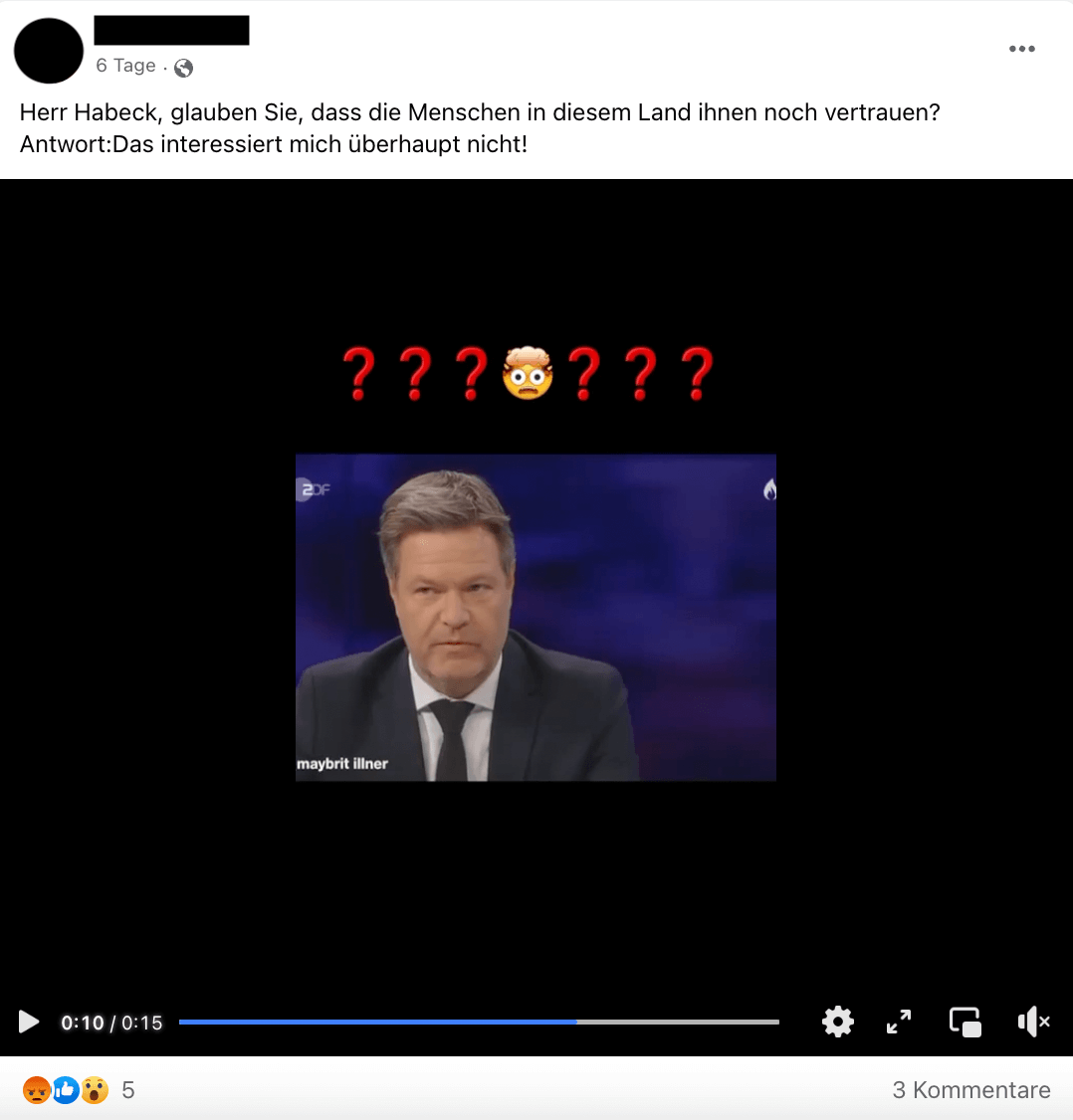 Auf Facebook und Telegram verbreitet sich ein manipulativ zusammengeschnittenes Video eines Interviews mit Bundeswirtschaftsminister Robert Habeck
