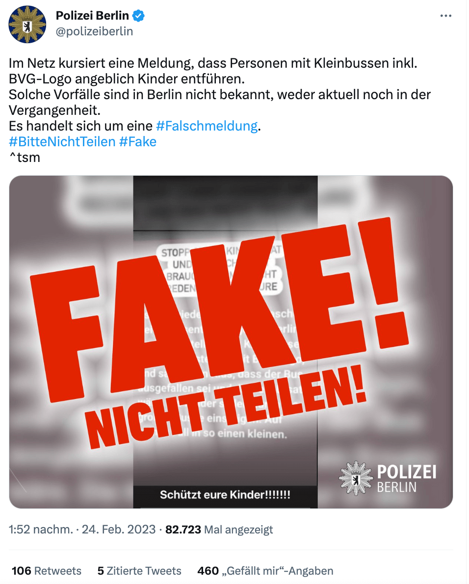 Auf Twitter stellt die Berliner Polizei klar, dass es sich bei der angeblichen Masche zur Kindesentführung um Desinformation handelt