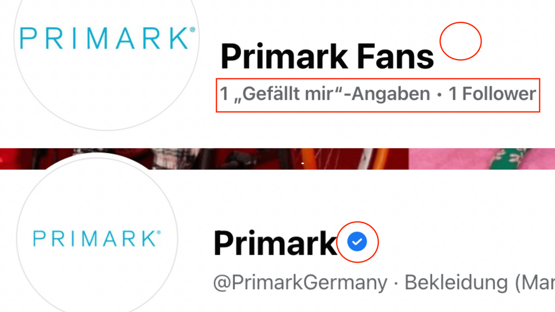 Oben ist die Facebook-Seite des Accounts Primark Fans zu sehen, unten zum Vergleich die verifizierte Seite des Einzelhändlers Primark