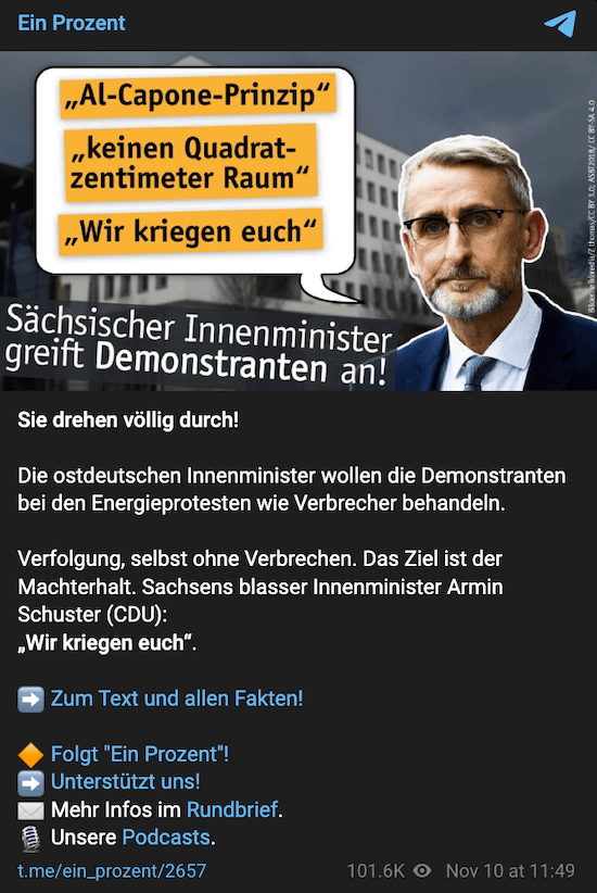 Telegram-Beitrag Ein Prozent zu Armin Schuster