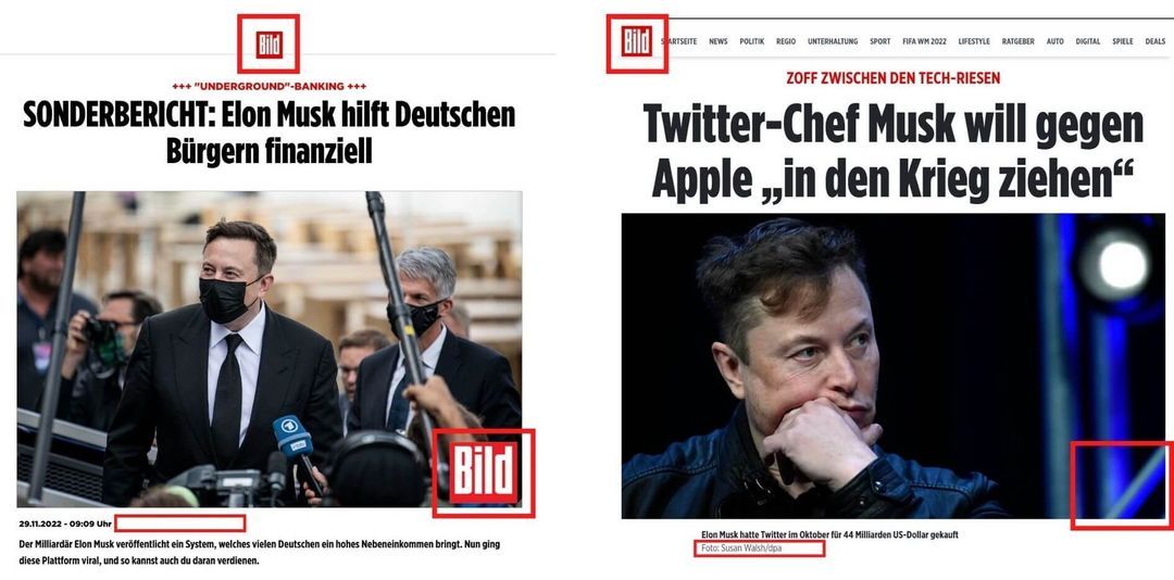 Ein Vergleich des gefälschten Artikels (links) mit einem Artikel auf der offiziellen Bild-Webseite (rechts) zeigt einige Unstimmigkeiten