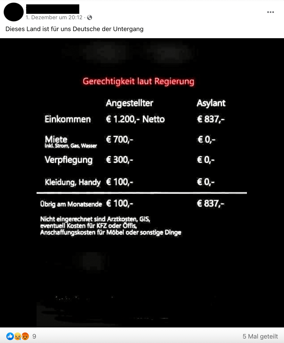 Seit Jahren kursiert dieser falsche Vergleich zwischen dem „Einkommen“ von Asylbewerbern und dem Einkommen eines „Angestellten“ auf Facebook – er bezieht sich aber auf Österreich