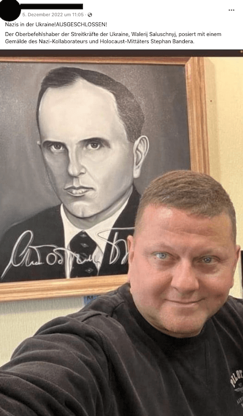 Ein Foto zeigt einen ukrainischen General, hinter ihm ein Gemälde von Bandera