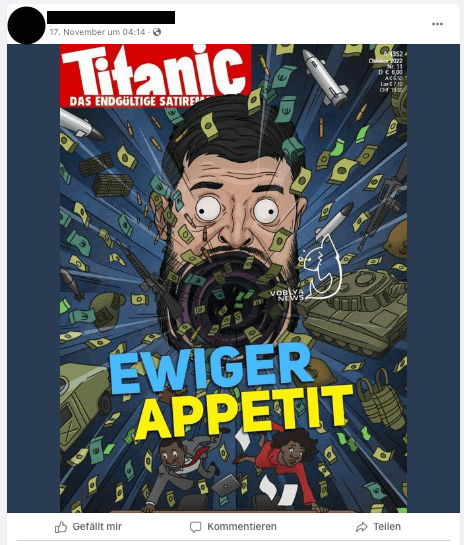 Ein angebliches Titanic-Cover zeigt einen gierigen Selenskyj, der Waffen und Geld einsaugt.