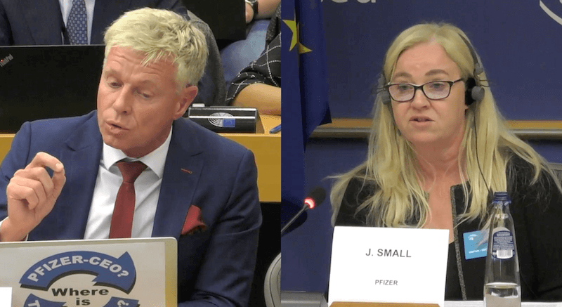 Bilder von der Anhörung: Abgeordneter Rob Roos (links) befragte vor dem EU-Parlament Janine Small, Präsidentin für internationale Märkte beim Pharmaunternehmen Pfizer.