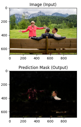A screenshot of an input image showing Angela Merkel and Barack Obama at the G7 meeting and a third person photoshopped into the picture. Underneath is the prediction mask which identifies the area of the input image that was manipulated.