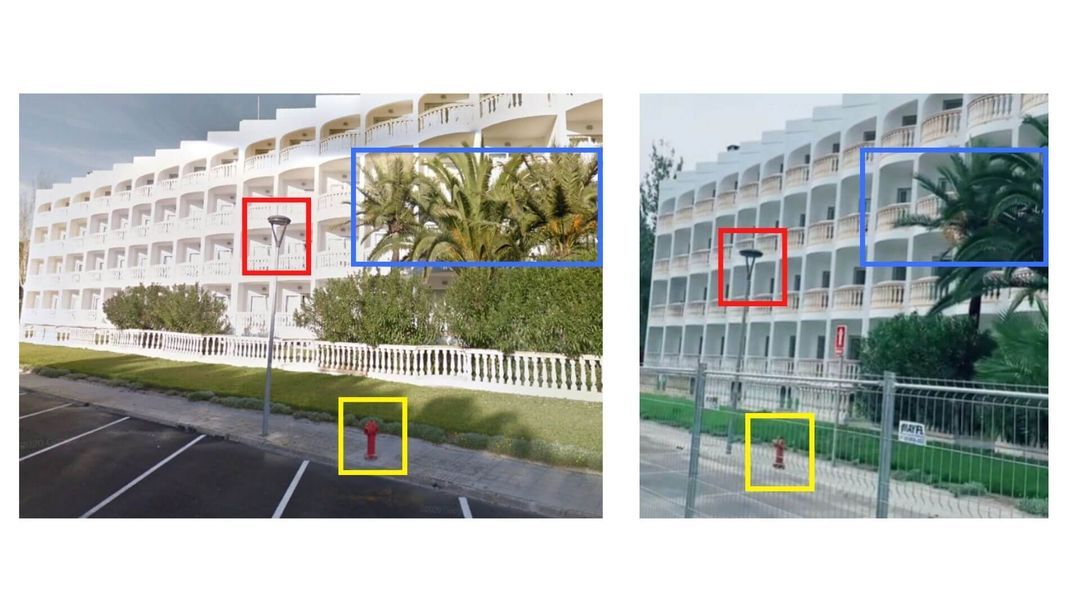 Eines der Tiktok-Videos entstand vor dem Hotel „Iberostar Selection Albufera Playa“ auf Mallorca wie ein Vergleich eines Screenshots (links) von Google Street View mit einem Screenshot (rechts) aus dem Video belegen
