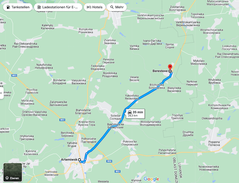 Ein Screenshot von Google Maps zeigt, dass Berestove und Bachmut 35 Minuten Autofahrt voneinander entfernt liegen.