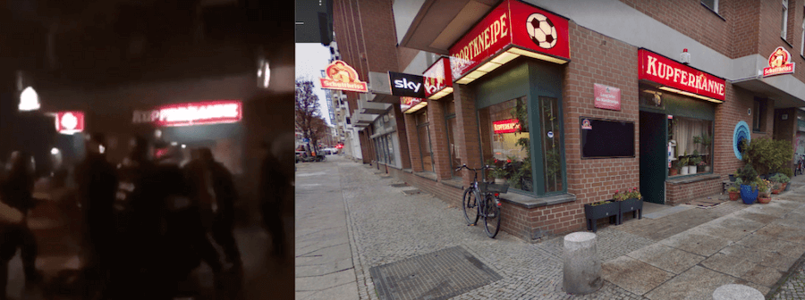 Links ein Ausschnitt aus dem Video, rechts Bilder von Google Maps. Am Gebäude und dem Namen der Kneipe ist zu erkennen, dass das Video tatsächlich in Berlin entstand.