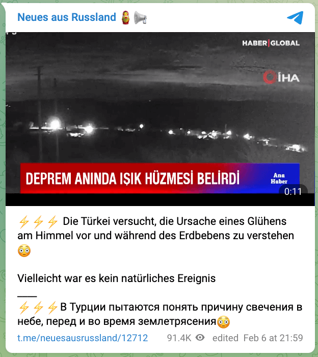 Screenshot eines Telegrambeitrags, in dem das Video eines Erdbebens geteilt wird. Darunter heißt es, das sei vielleicht kein natürliches Ereignis gewesen.