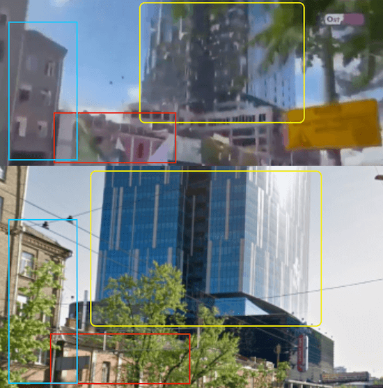 Eine Collage zeigt, dass das Hochhaus im Video und die Häuser daneben mit Aufnahmen auf Google Maps übereinstimmen.
