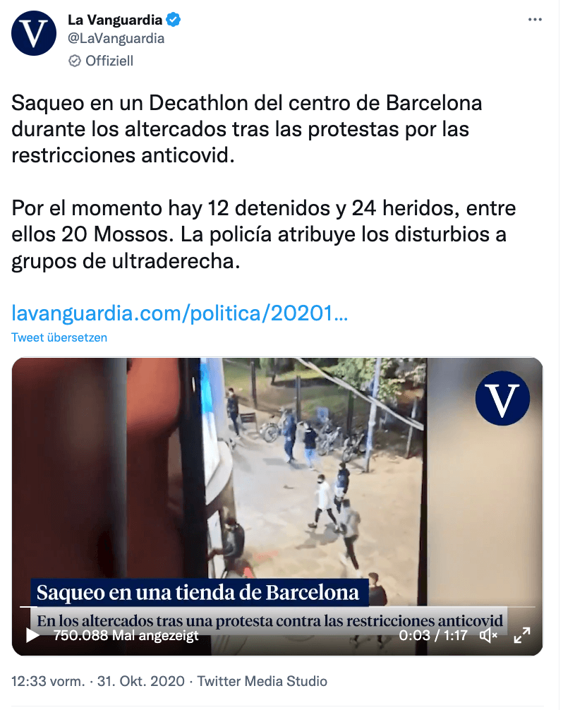 Das identische Video in einem Twitter-Beitrag einer katalanischen Tageszeitung von Oktober 2020