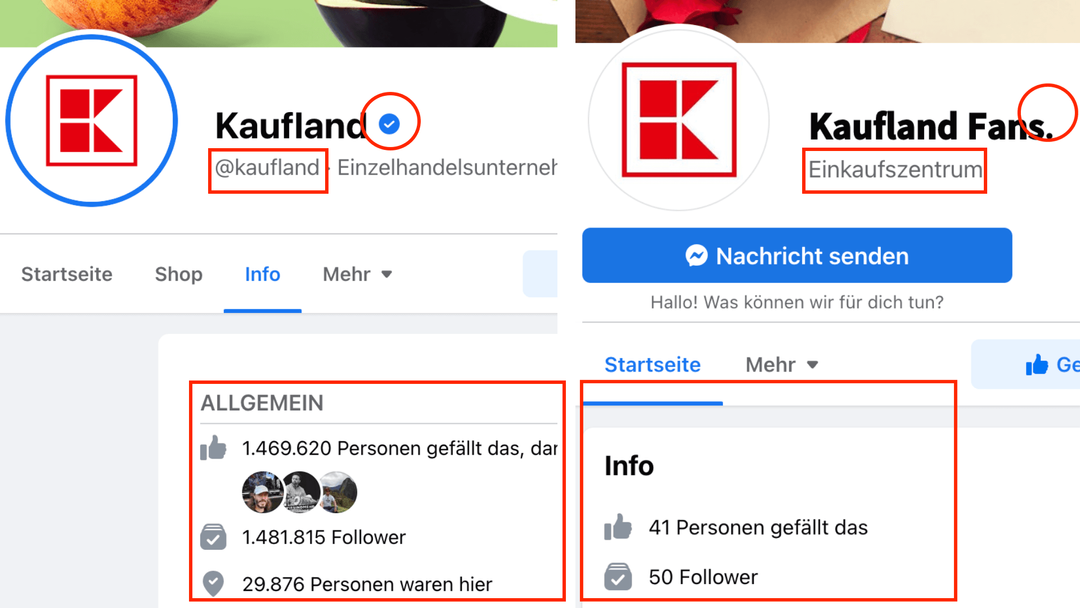 Rechts ist die Facebook-Seite des Accounts „Kaufland Fans.“ zu sehen, links zum Vergleich die verifizierte Seite des Einzelhändlers