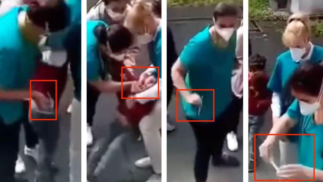 Einzelne Ausschnitte aus dem Video zeigen wie eine Person einen Gegenstand hält und zum Gesicht des Kindes bewegt.