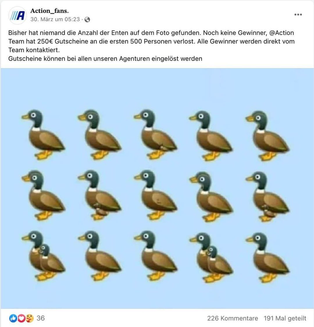 Fake-Facebook-Beitrag verlost angebliche Action Gutscheine mit einem Wimmelbild von Enten
