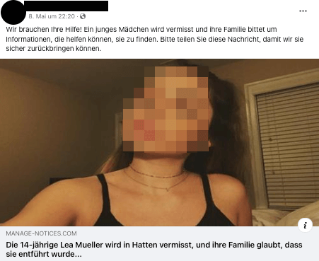 Screenshot eines Facebook-Postings, darin heißt es, ein junges Mädchen sei entführt worden, es wird auch ein Foto von ihr gezeigt.