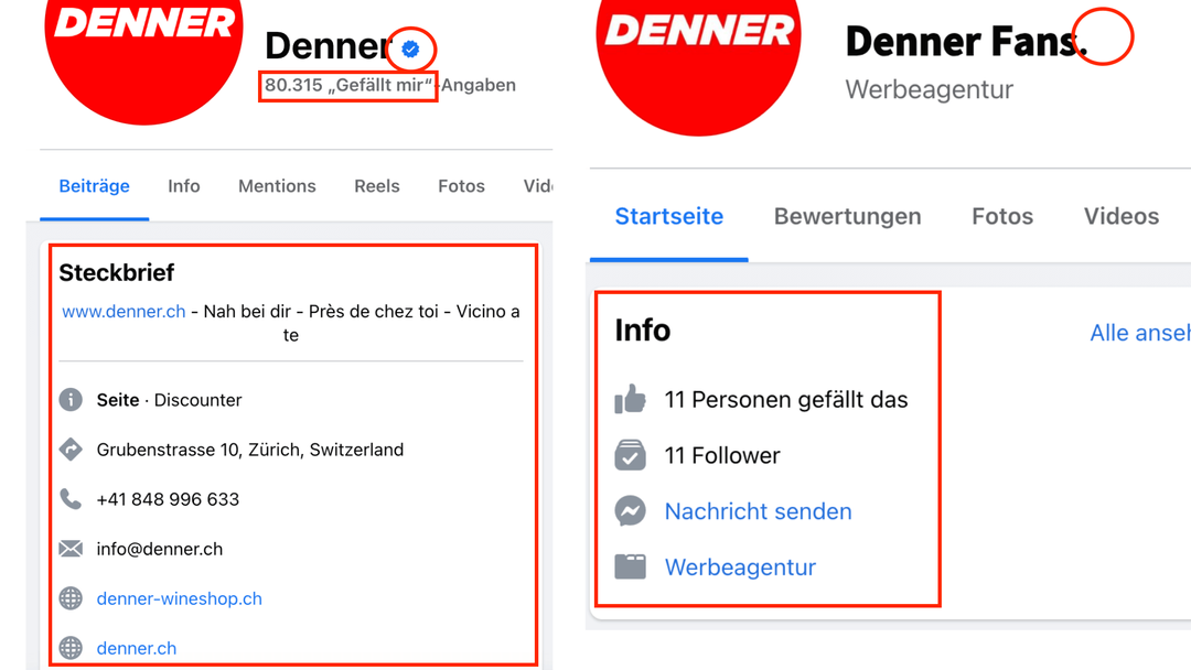 Rechts ist die Facebook-Seite des Accounts „Denner Fans.“ zu sehen, links zum Vergleich die verifizierte Seite des Lebensmittelhändlers
