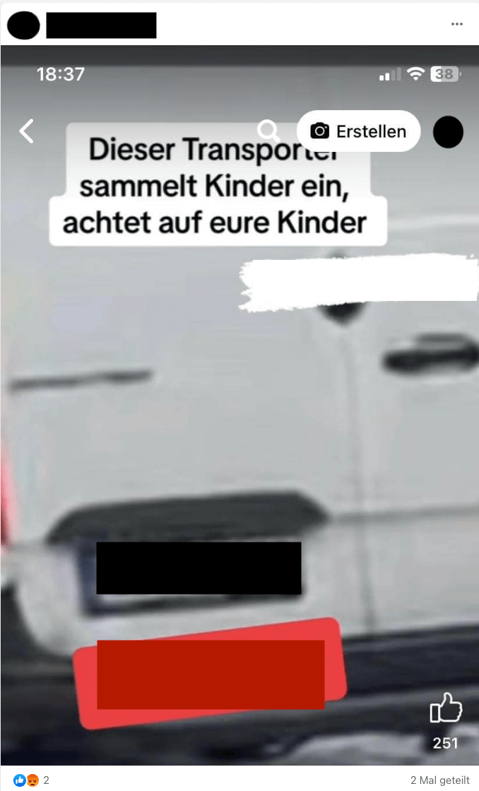 Auf Facebook verbreitet sich dieses Bild eines weißen Transporters. Mit einer Kindesentführung in Wuppertal hat der Wagen laut Polizei jedoch nichts zu tun. Wir haben das Nummernschild unkenntlich gemacht.