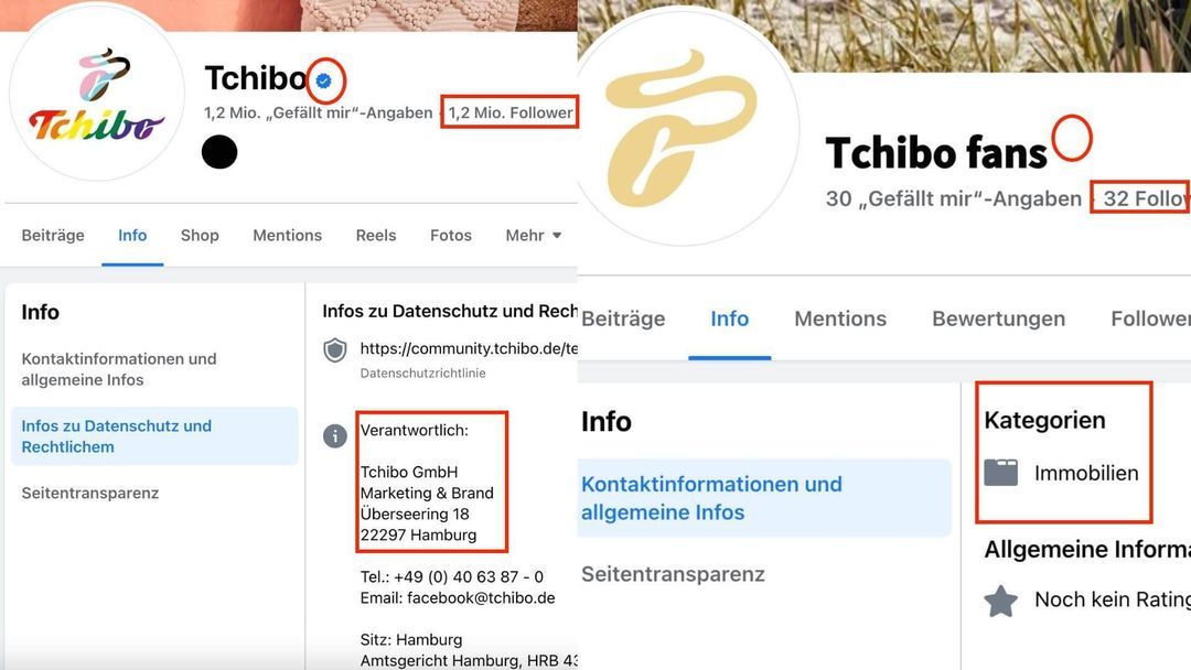 Rechts ist die Facebook-Seite des Accounts „Tchibo fans“ zu sehen, links zum Vergleich die verifizierte Seite des echten Unternehmens
