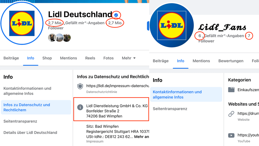 Rechts ist die Facebook-Seite des Accounts „Lidl_fans“ zu sehen, links zum Vergleich die verifizierte Seite des echten Unternehmens
