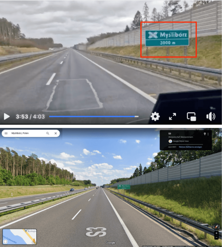 Ein Vergleich des Facebook-Videos (links) mit Aufnahmen von Google Maps (rechts) zeigt, dass sich der Mann auf der Schnellstraße S3, kurz vor dem Kreuz Myślibórz, befindet