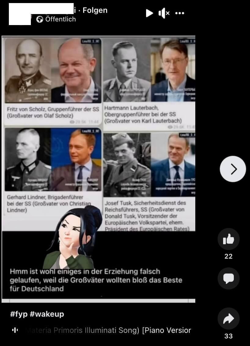 Eine Collage zeigt Fake-Großväter von Olaf Scholz Christian Lindner Karl Lauterbach und Donald Tusk 