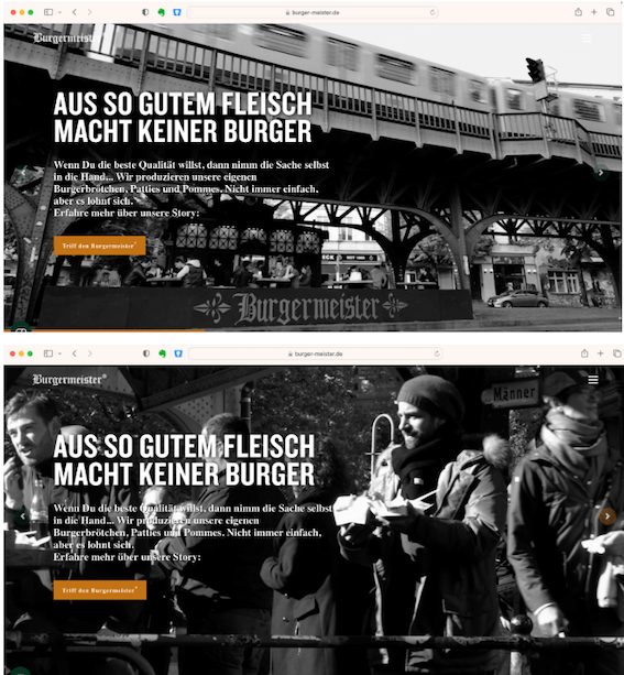 Screenshots der echten Webseite der Burgerkette