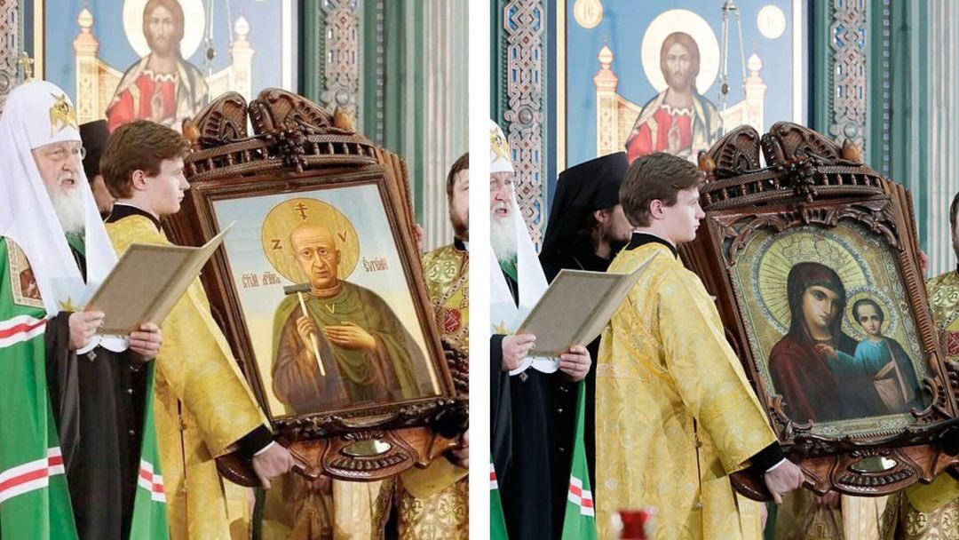 Das Foto (rechts), das 2020 bei der Einweihung einer Militärkirche in Moskau entstanden ist, zeigt nicht Prigoschin, sondern eine Marien-Ikone aus einer leicht veränderten Perspektive (Quelle: X / rtvi.com; Screenshot und Collage: CORRECTIV.Faktencheck)