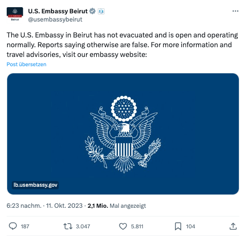 Ein X-Beitrag der US-Botschaft, da steht: "The U.S. Embassy in Beirut has not evacuated and is open and operating normally. Reports saying otherwise are false."