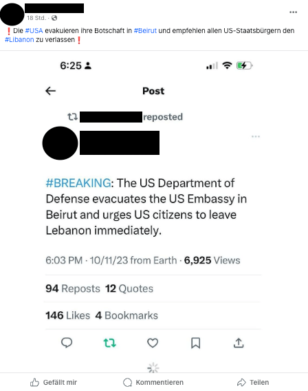 Auf Facebook wird behautet, die US-Botschaft in Beirut werde evakuiert.