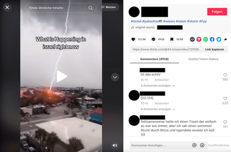 Ein Tiktokvideo, von einem Blitz der in ein Haus einschlägt. Dazu heißt es: "What is happening in Israel right now?"