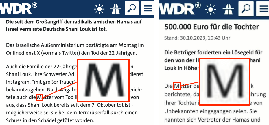 Links ein echter WDR-Artikel, rechts der Fake - markiert ist jeweils der Buchstabe M, er sieht in den beiden Versionen unterschiedlich aus.