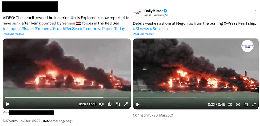 Screenshots von zwei X-Beiträgen mit dem Video drin: Links vom 4. Dezember 2023, rechts vom 26. Mai 2021.