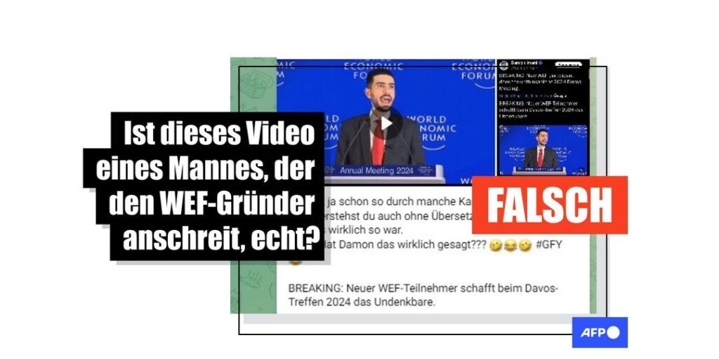Clip eines Klaus Schwab beleidigenden Mannes während der WEF-Jahreskonferenz 2024 ist ein manipuliertes Satire-Video - Featured image