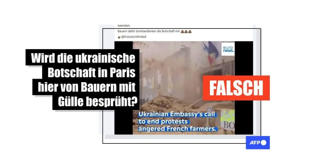 Nein, dieses Video zeigt nicht, wie Bauern die ukrainische Botschaft in Paris mit Gülle besprühen - Featured image