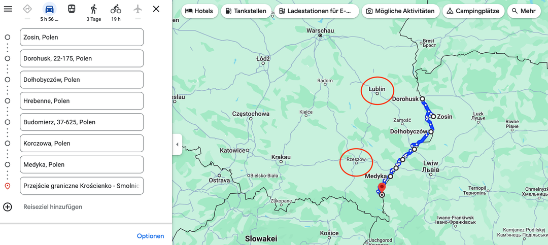 Grenzübergänge zwischen der Ukraine und Polen, die der polnische Zoll aufführt und die wir über Google Maps abgebildet haben.