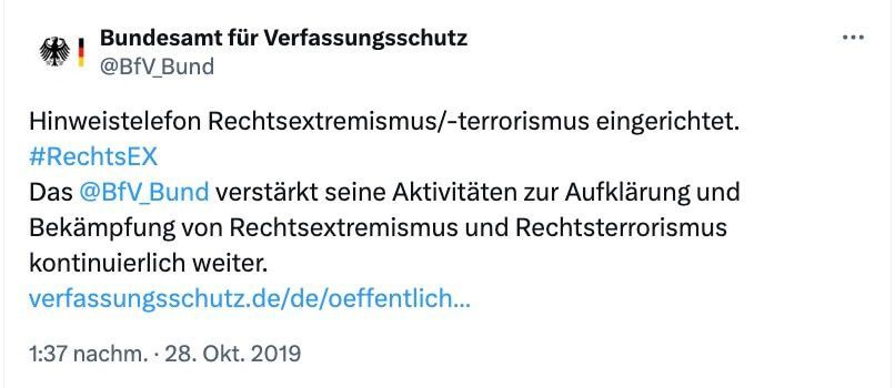 Hinweistelefon Rechtsextremismus/-terrorismus eingerichtet. #RechtsEX Das @BfV_Bund verstärkt seine Aktivitäten zur Aufklärung und Bekämpfung von Rechtsextremismus und Rechtsterrorismus kontinuierlich weiter.