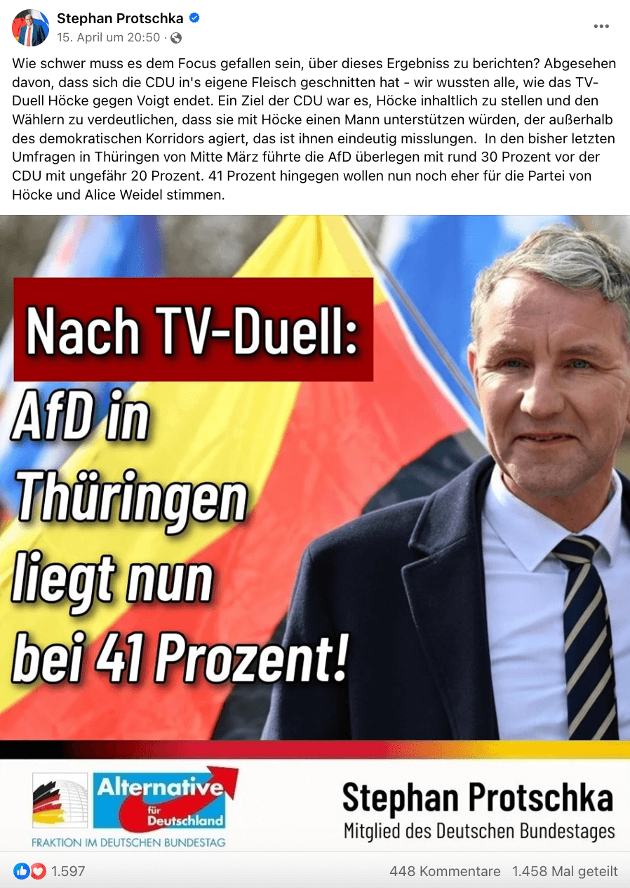 Auf Facebook verbreitet der AfD-Bundestagsabgeordnete Stephan Protschka eine falsche Behauptung über die Umfragewerte der AfD in Thüringen