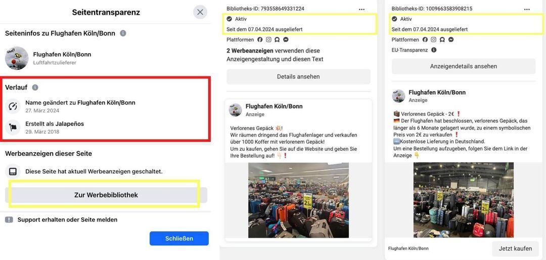 Seitentransparenz einer Fake-Facebookseite und Ausschnitte aus der Meta-Werbebibliothek.