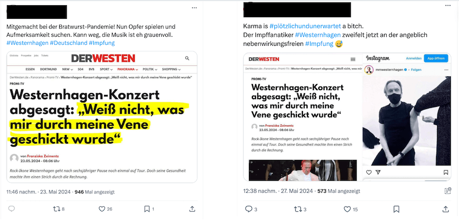 Beiträge wie diese verbreiten sich mit hämischen Kommentaren im Netz und stellen fälschlicherweise einen Zusammenhang zwischen Westernhagens Gesundheitszustand und Folgen einer Corona-Impfung her (Quellen: X; Screenshots, Collage und Schwärzungen: CORRECTIV.Faktencheck)