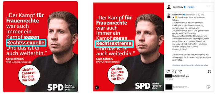 Links das manipulierte Zitat, rechts das Original-Zitat von Kevin Kühnert, das am 8. März 2024 auf Instagram veröffentlicht wurde wurde (Quelle: X / Instagram / Kevin Kühnert; Screenshot, Markierungen und Schwärzungen: CORRECTIV.Faktencheck)