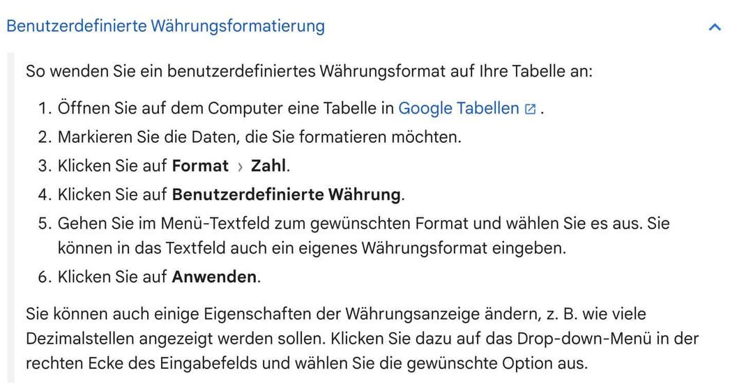 Google Tabellen Anleitung benutzerdefinierte Währung