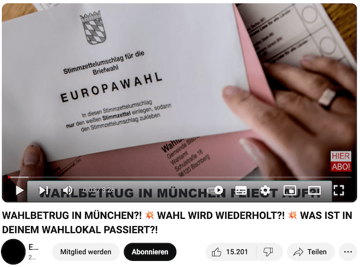 Screenshot aus einem Youtube-Video, in der Beschreibung steht. "WAHLBETRUG IN MÜNCHEN?!"