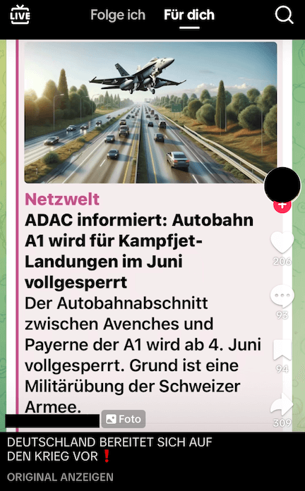 Screenshot eines Tiktok-Beitrags, darin wird eine Meldung über eine Militärübung gezeigt.