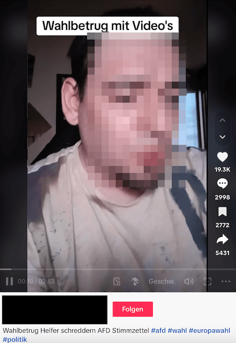 Screenshot aus einem Tiktok-Video, dort steht: "Wahlbetrug mit Videos".