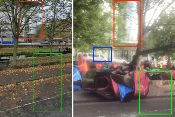 Sowohl die Glasfassade des Gebäudes im Hintergrund (rote und blaue Markierung), als auch die Anordnung der Markierung auf der Straße, des Bordsteins und dem dahinter liegenden Mäuerchen (grüne Markierung) stimmen auf Google Maps mit denen im Instagram-Video überein